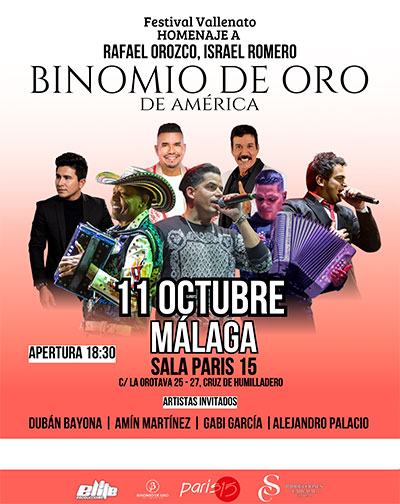 Cartel del concierto de Festival Vallenato - Binomio de Oro de América en Sala París 15, Málaga — domingo, 11 de octubre de 2026